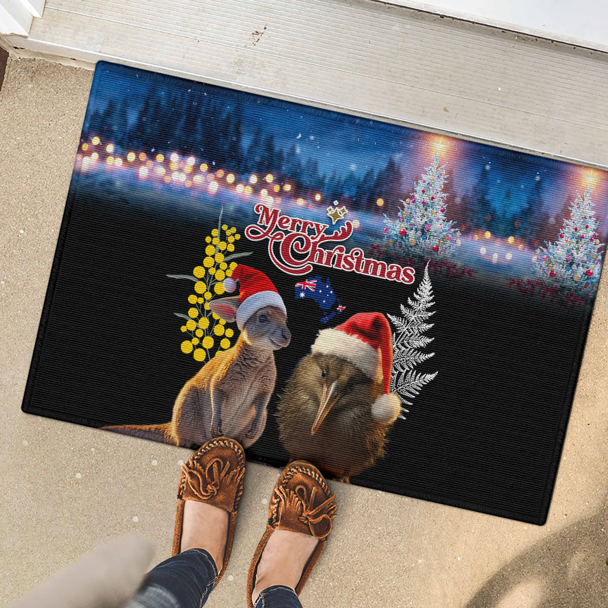 New Zealand and Australia Merry Christmas Rubber Doormat Kiwi Bird and Kangaroo Xmas Vibe LT03 - Polynesian Pride