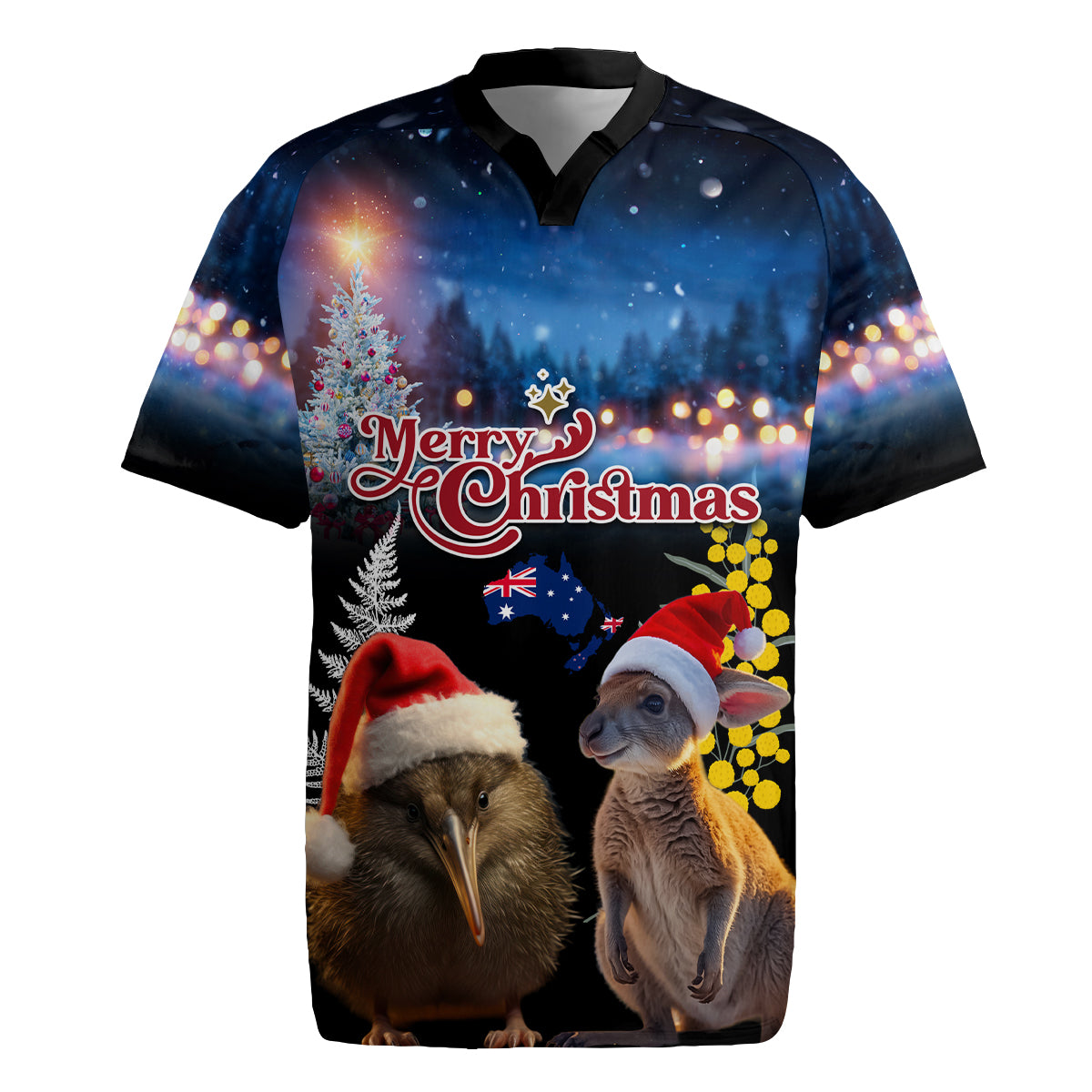 New Zealand and Australia Merry Christmas Rugby Jersey Kiwi Bird and Kangaroo Xmas Vibe LT03 Black - Polynesian Pride