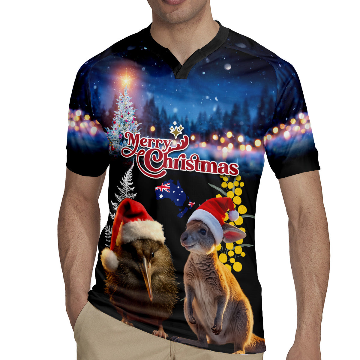 New Zealand and Australia Merry Christmas Rugby Jersey Kiwi Bird and Kangaroo Xmas Vibe LT03 - Polynesian Pride
