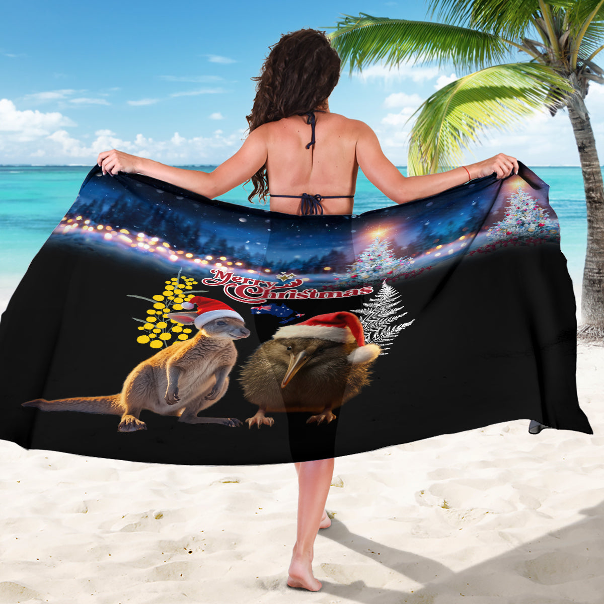 New Zealand and Australia Merry Christmas Sarong Kiwi Bird and Kangaroo Xmas Vibe LT03 - Polynesian Pride