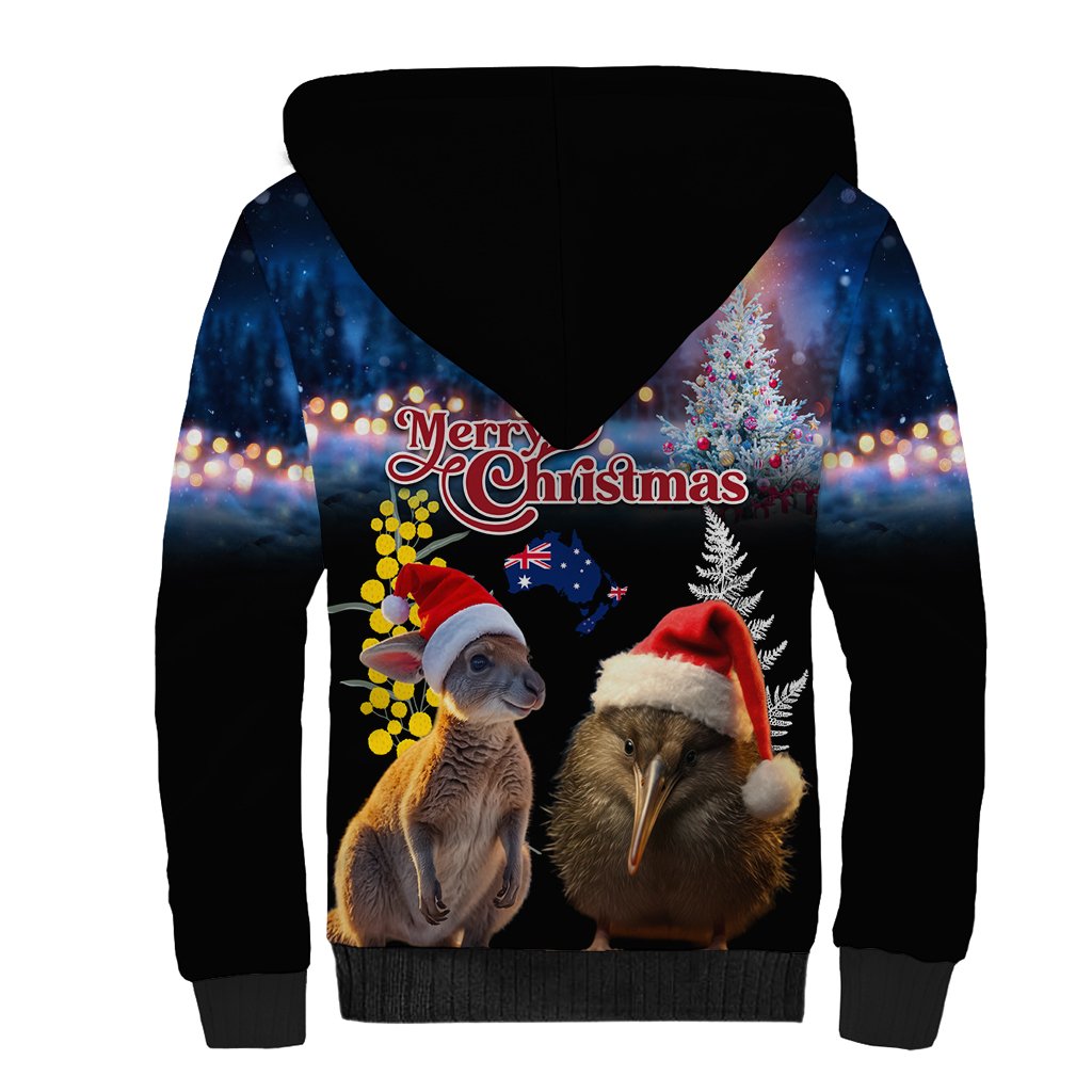 New Zealand and Australia Merry Christmas Sherpa Hoodie Kiwi Bird and Kangaroo Xmas Vibe LT03 - Polynesian Pride