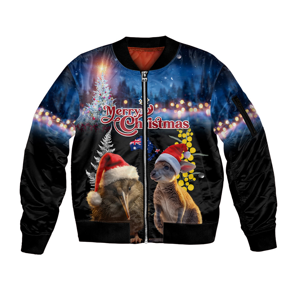 New Zealand and Australia Merry Christmas Sleeve Zip Bomber Jacket Kiwi Bird and Kangaroo Xmas Vibe LT03 Unisex Black - Polynesian Pride