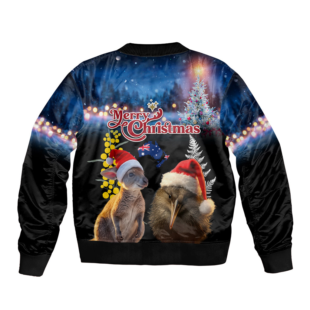 New Zealand and Australia Merry Christmas Sleeve Zip Bomber Jacket Kiwi Bird and Kangaroo Xmas Vibe LT03 - Polynesian Pride