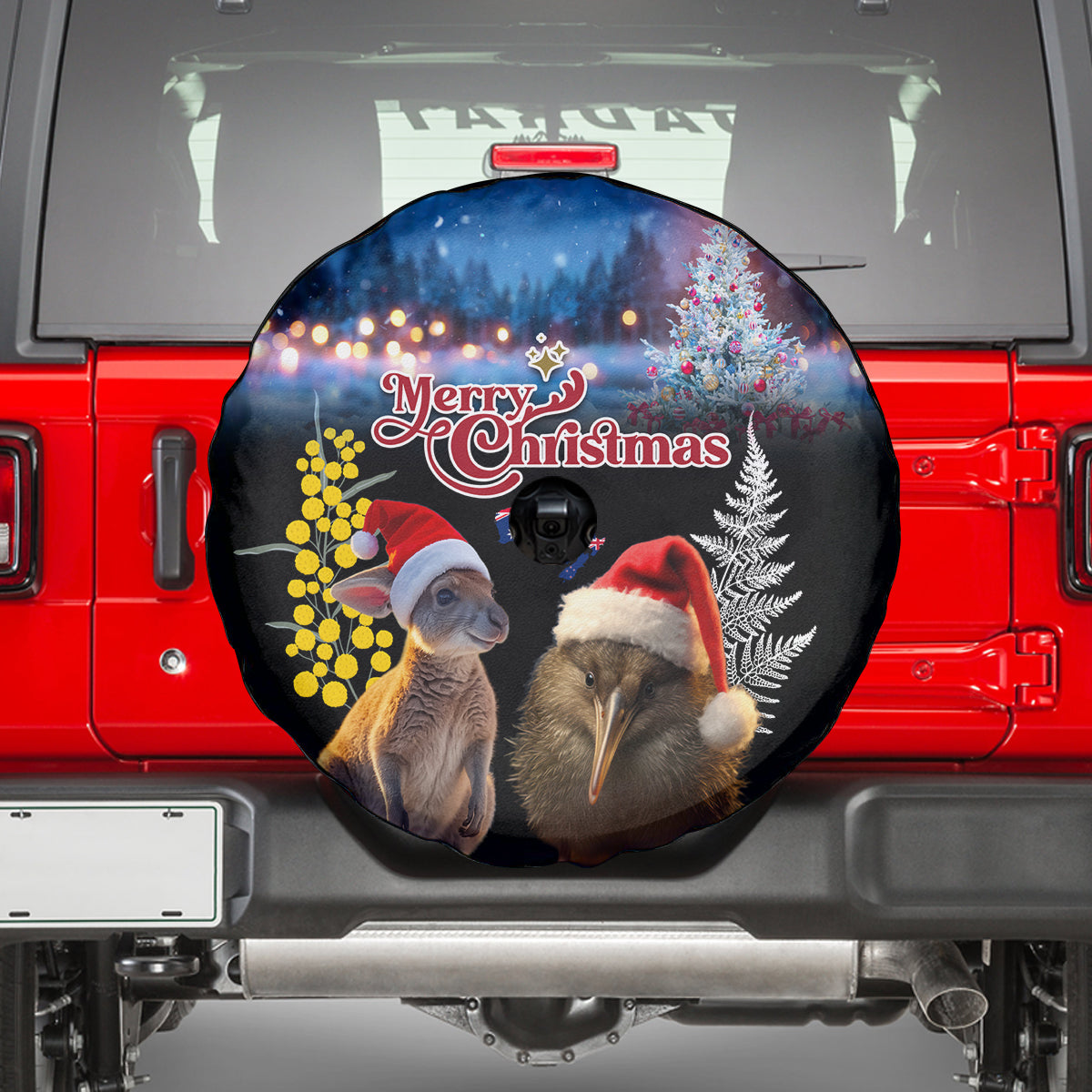 New Zealand and Australia Merry Christmas Spare Tire Cover Kiwi Bird and Kangaroo Xmas Vibe LT03 - Polynesian Pride