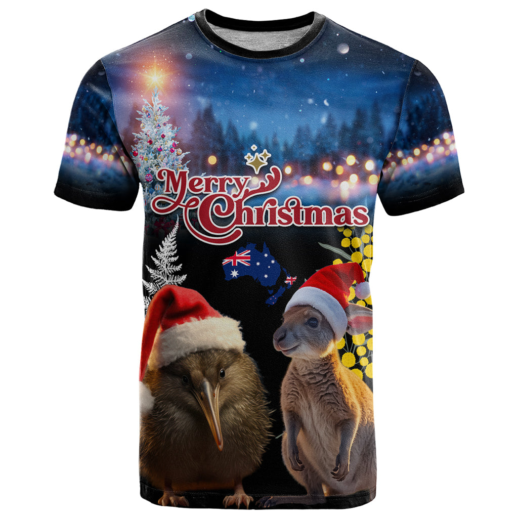 New Zealand and Australia Merry Christmas T Shirt Kiwi Bird and Kangaroo Xmas Vibe LT03 Black - Polynesian Pride