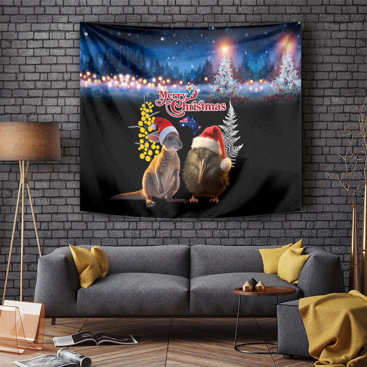 New Zealand and Australia Merry Christmas Tapestry Kiwi Bird and Kangaroo Xmas Vibe LT03 - Polynesian Pride
