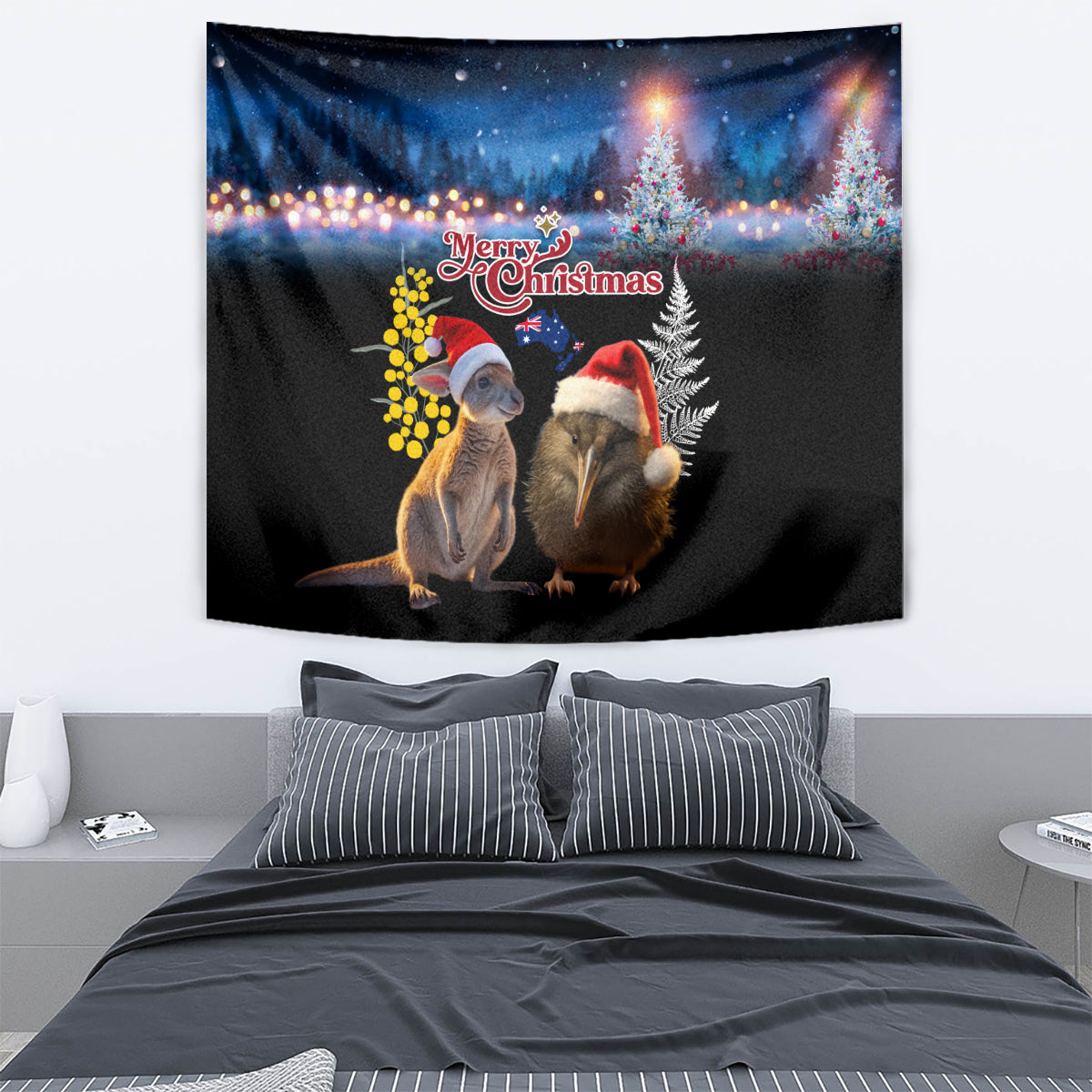 New Zealand and Australia Merry Christmas Tapestry Kiwi Bird and Kangaroo Xmas Vibe LT03 - Polynesian Pride