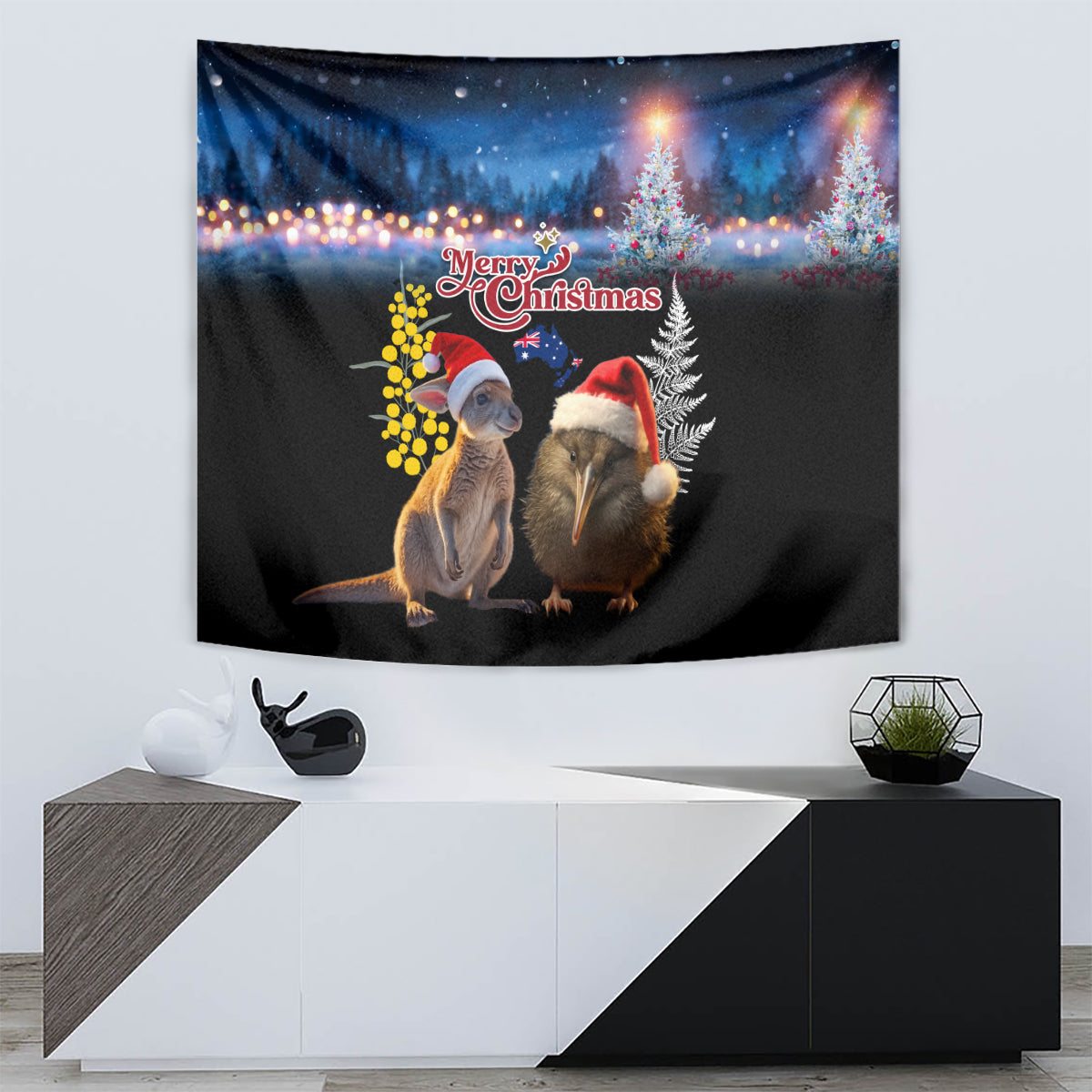 New Zealand and Australia Merry Christmas Tapestry Kiwi Bird and Kangaroo Xmas Vibe LT03 - Polynesian Pride