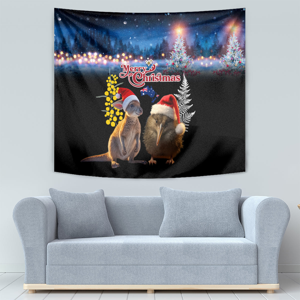 New Zealand and Australia Merry Christmas Tapestry Kiwi Bird and Kangaroo Xmas Vibe LT03 - Polynesian Pride