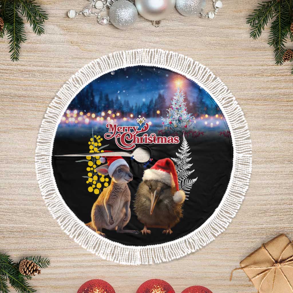 New Zealand and Australia Merry Christmas Tree Skirt Kiwi Bird and Kangaroo Xmas Vibe LT03 Fringed Black - Polynesian Pride