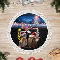 New Zealand and Australia Merry Christmas Tree Skirt Kiwi Bird and Kangaroo Xmas Vibe LT03 Fringed Black - Polynesian Pride