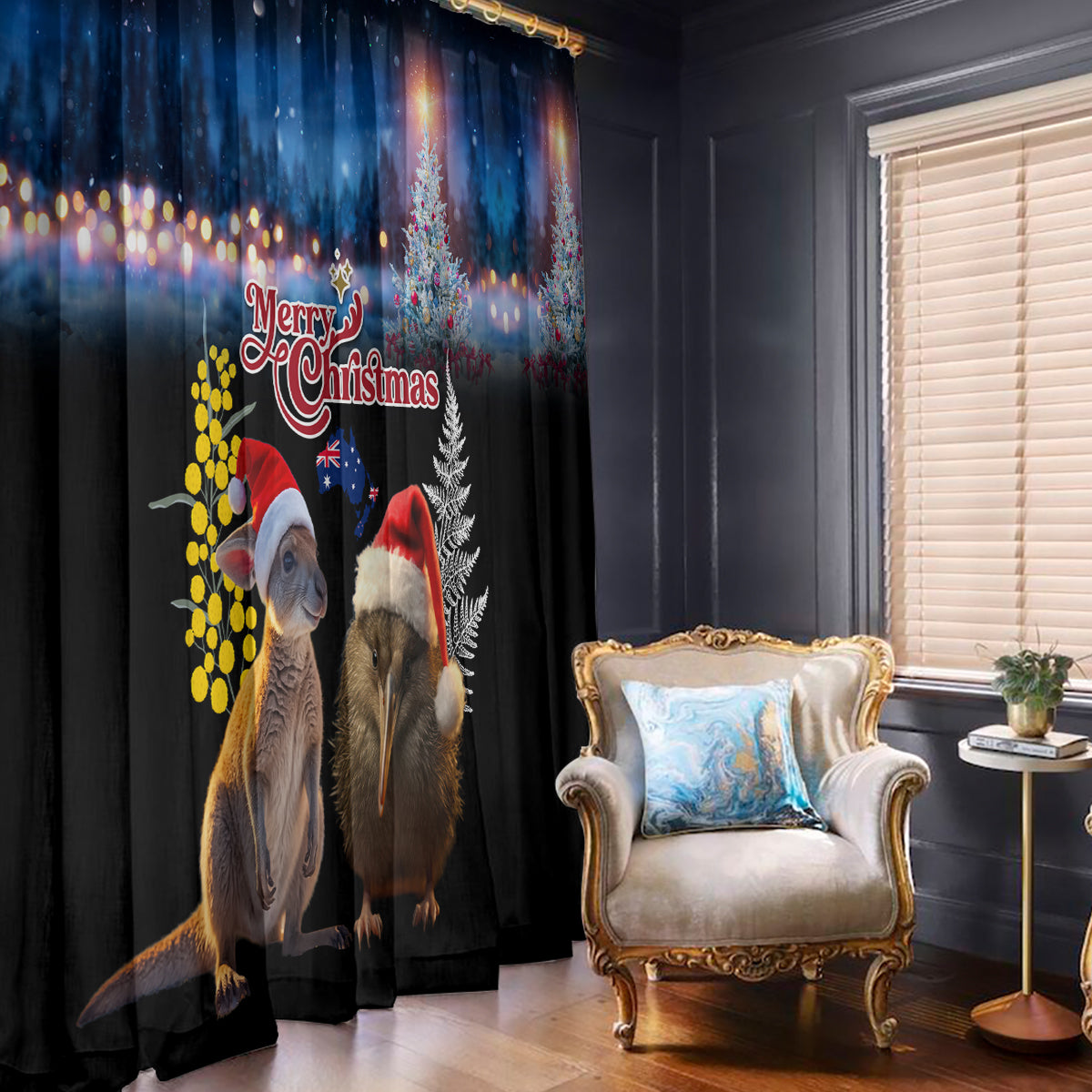 New Zealand and Australia Merry Christmas Window Curtain Kiwi Bird and Kangaroo Xmas Vibe LT03 - Polynesian Pride