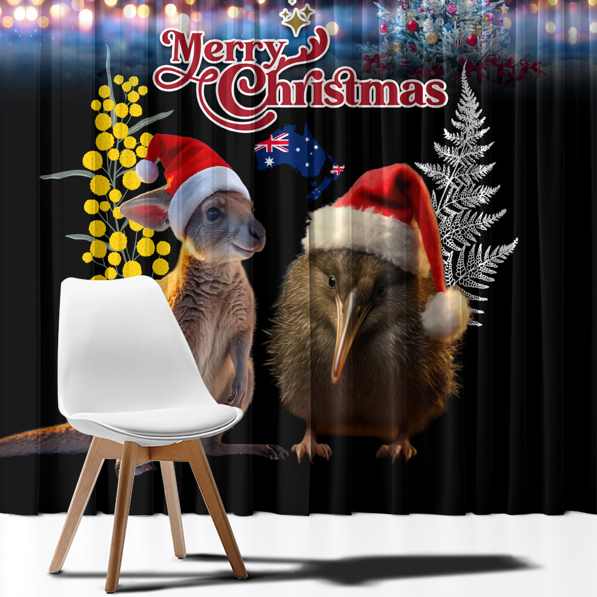 New Zealand and Australia Merry Christmas Window Curtain Kiwi Bird and Kangaroo Xmas Vibe LT03 - Polynesian Pride
