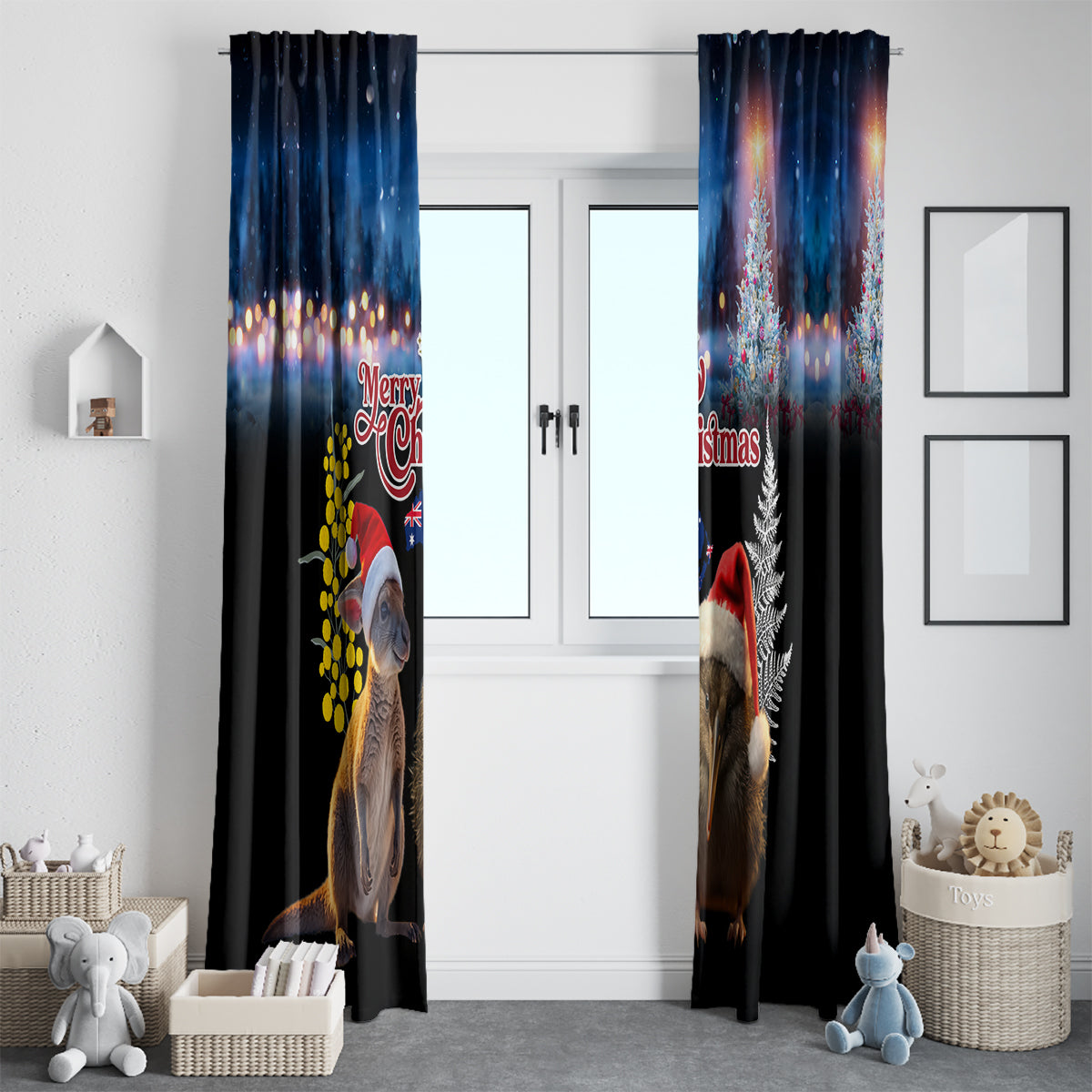 New Zealand and Australia Merry Christmas Window Curtain Kiwi Bird and Kangaroo Xmas Vibe LT03 - Polynesian Pride