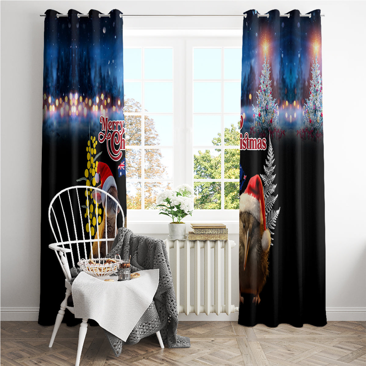 New Zealand and Australia Merry Christmas Window Curtain Kiwi Bird and Kangaroo Xmas Vibe LT03 - Polynesian Pride