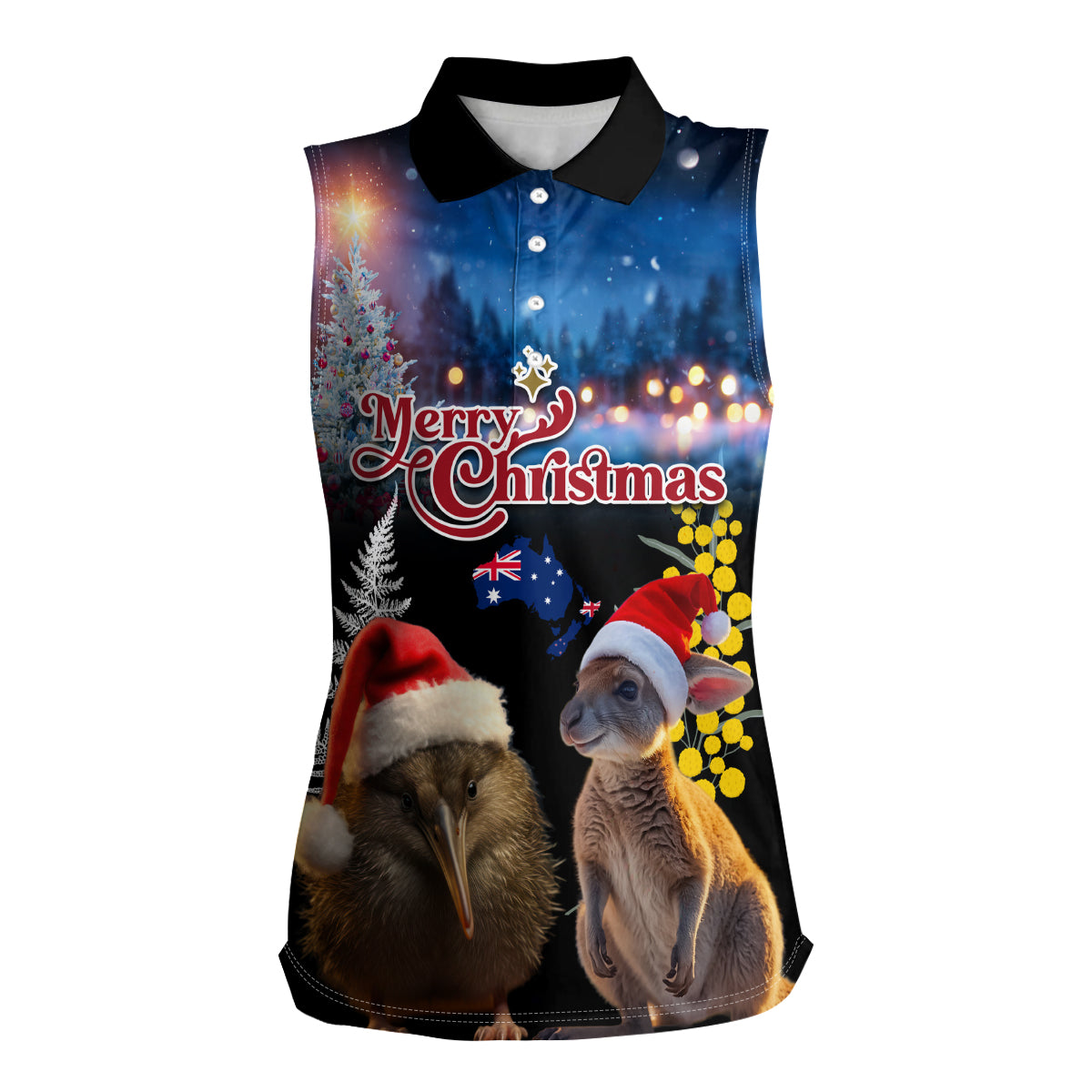 New Zealand and Australia Merry Christmas Women Sleeveless Polo Shirt Kiwi Bird and Kangaroo Xmas Vibe LT03 Female Black - Polynesian Pride