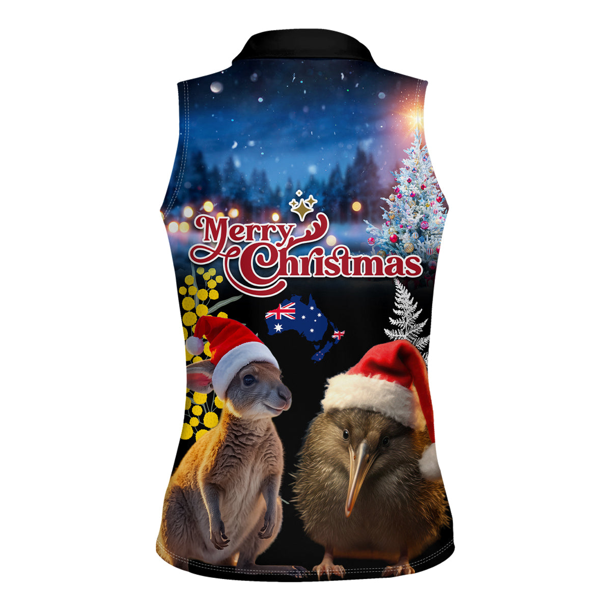 New Zealand and Australia Merry Christmas Women Sleeveless Polo Shirt Kiwi Bird and Kangaroo Xmas Vibe LT03 - Polynesian Pride