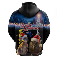 New Zealand and Australia Merry Christmas Zip Hoodie Kiwi Bird and Kangaroo Xmas Vibe LT03 - Polynesian Pride