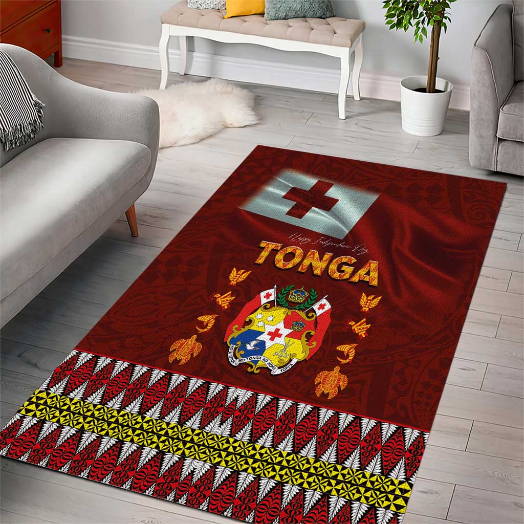 Tonga Independence Day Area Rug National Flag and Emblem with Ngatu Art Pattern