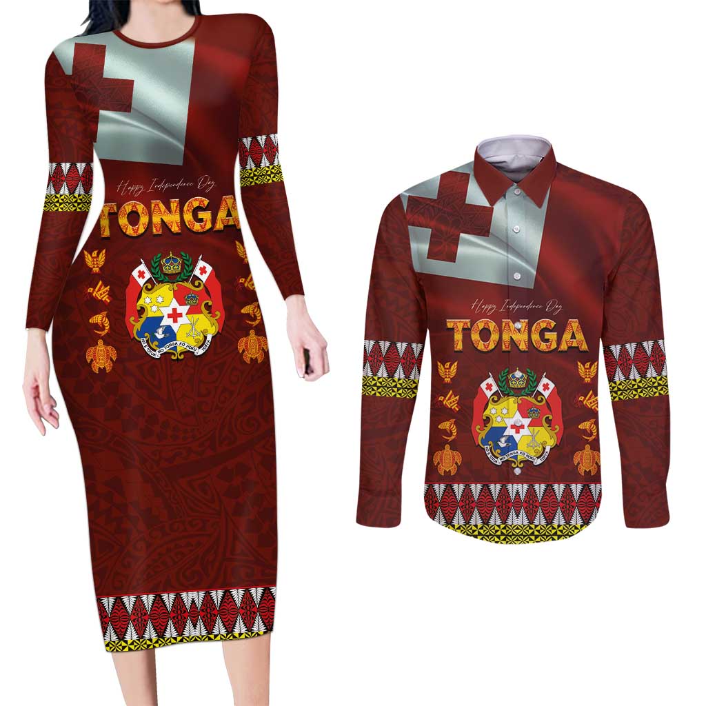 Tonga Independence Day Couples Matching Long Sleeve Bodycon Dress and Long Sleeve Button Shirt National Flag and Emblem with Ngatu Art Pattern LT03 Red - Polynesian Pride