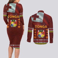 Tonga Independence Day Couples Matching Long Sleeve Bodycon Dress and Long Sleeve Button Shirt National Flag and Emblem with Ngatu Art Pattern LT03 - Polynesian Pride