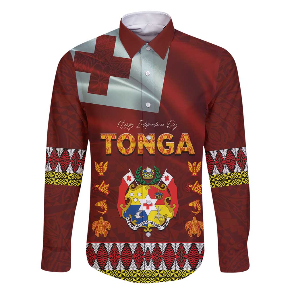 Tonga Independence Day Family Matching Mermaid Dress and Hawaiian Shirt National Flag and Emblem with Ngatu Art Pattern LT03 Dad's Shirt - Long Sleeve Red - Polynesian Pride