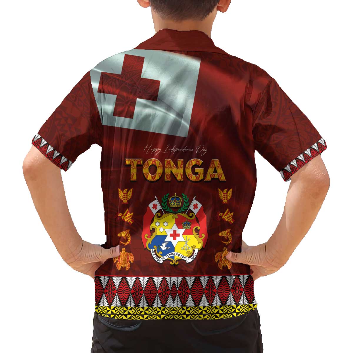 Tonga Independence Day Family Matching Off The Shoulder Long Sleeve Dress and Hawaiian Shirt National Flag and Emblem with Ngatu Art Pattern LT03 - Polynesian Pride