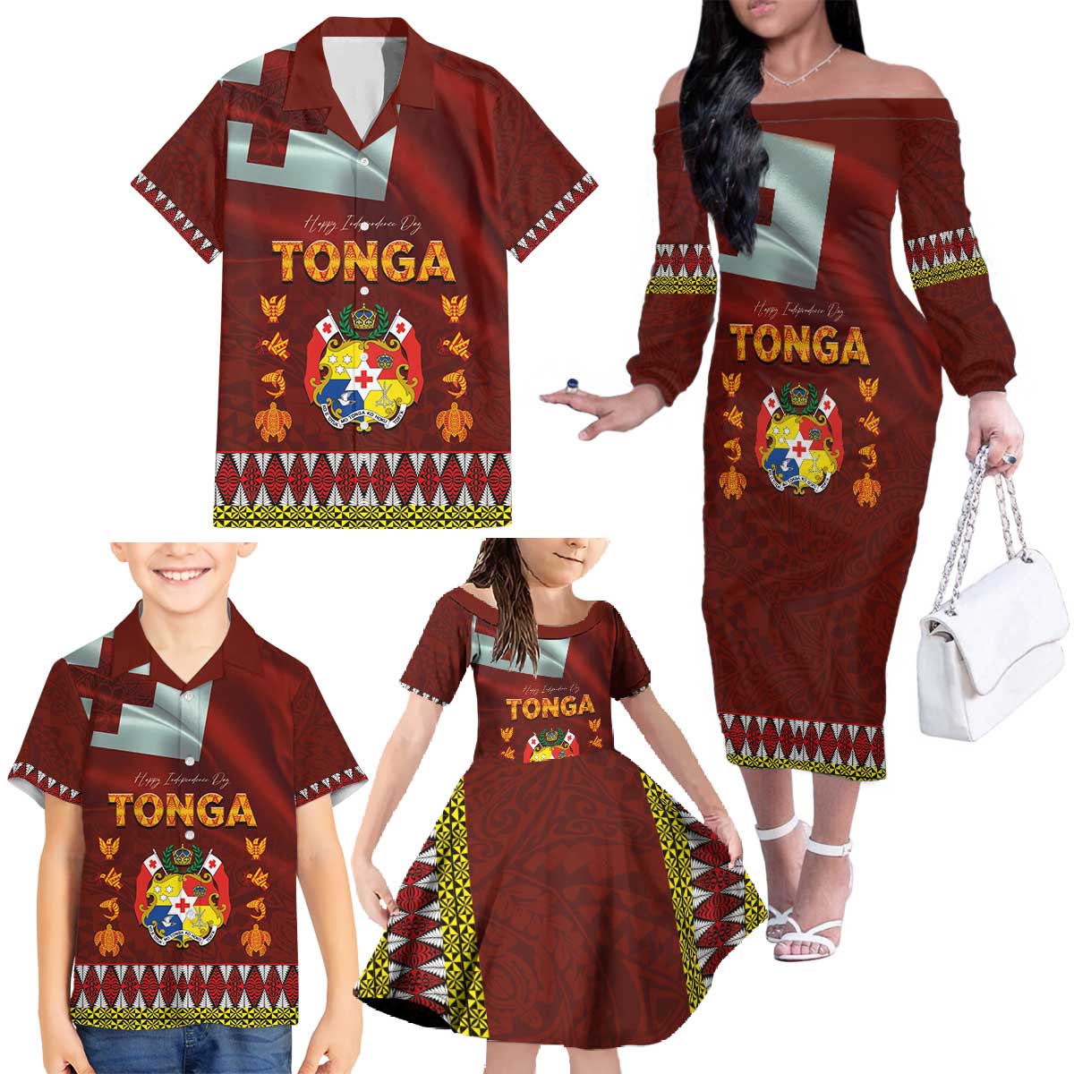 Tonga Independence Day Family Matching Off The Shoulder Long Sleeve Dress and Hawaiian Shirt National Flag and Emblem with Ngatu Art Pattern LT03 - Polynesian Pride