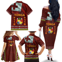 Tonga Independence Day Family Matching Off The Shoulder Long Sleeve Dress and Hawaiian Shirt National Flag and Emblem with Ngatu Art Pattern LT03 - Polynesian Pride