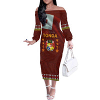 Tonga Independence Day Family Matching Off The Shoulder Long Sleeve Dress and Hawaiian Shirt National Flag and Emblem with Ngatu Art Pattern LT03 Mom's Dress Red - Polynesian Pride