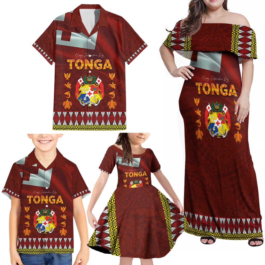 Tonga Independence Day Family Matching Off Shoulder Maxi Dress and Hawaiian Shirt National Flag and Emblem with Ngatu Art Pattern LT03 - Polynesian Pride