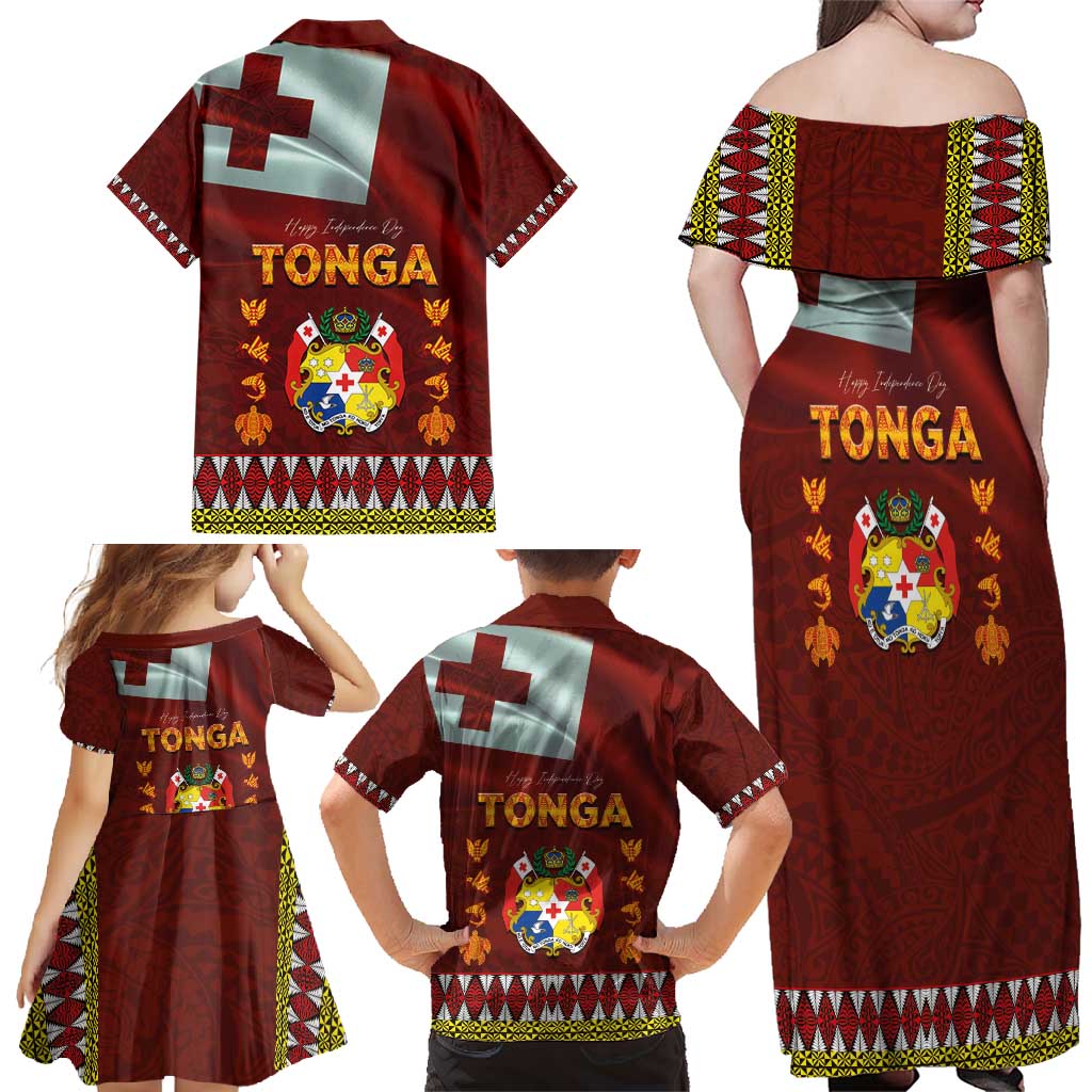 Tonga Independence Day Family Matching Off Shoulder Maxi Dress and Hawaiian Shirt National Flag and Emblem with Ngatu Art Pattern LT03 - Polynesian Pride