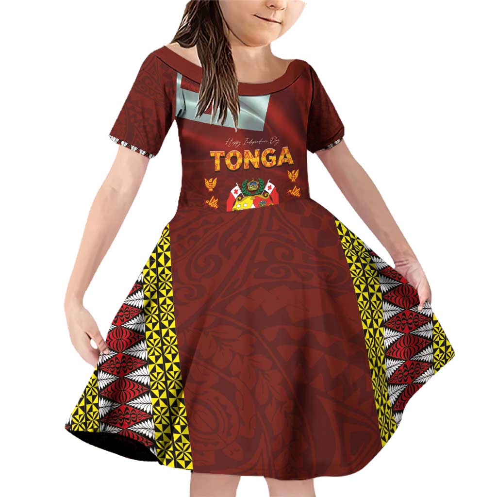 Tonga Independence Day Family Matching Off Shoulder Short Dress and Hawaiian Shirt National Flag and Emblem with Ngatu Art Pattern LT03 Daughter's Dress Red - Polynesian Pride