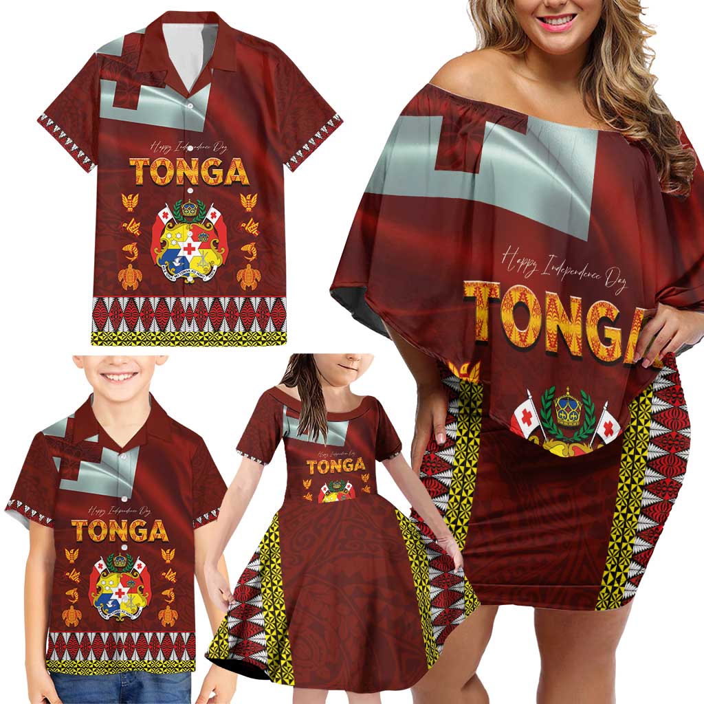 Tonga Independence Day Family Matching Off Shoulder Short Dress and Hawaiian Shirt National Flag and Emblem with Ngatu Art Pattern LT03 - Polynesian Pride