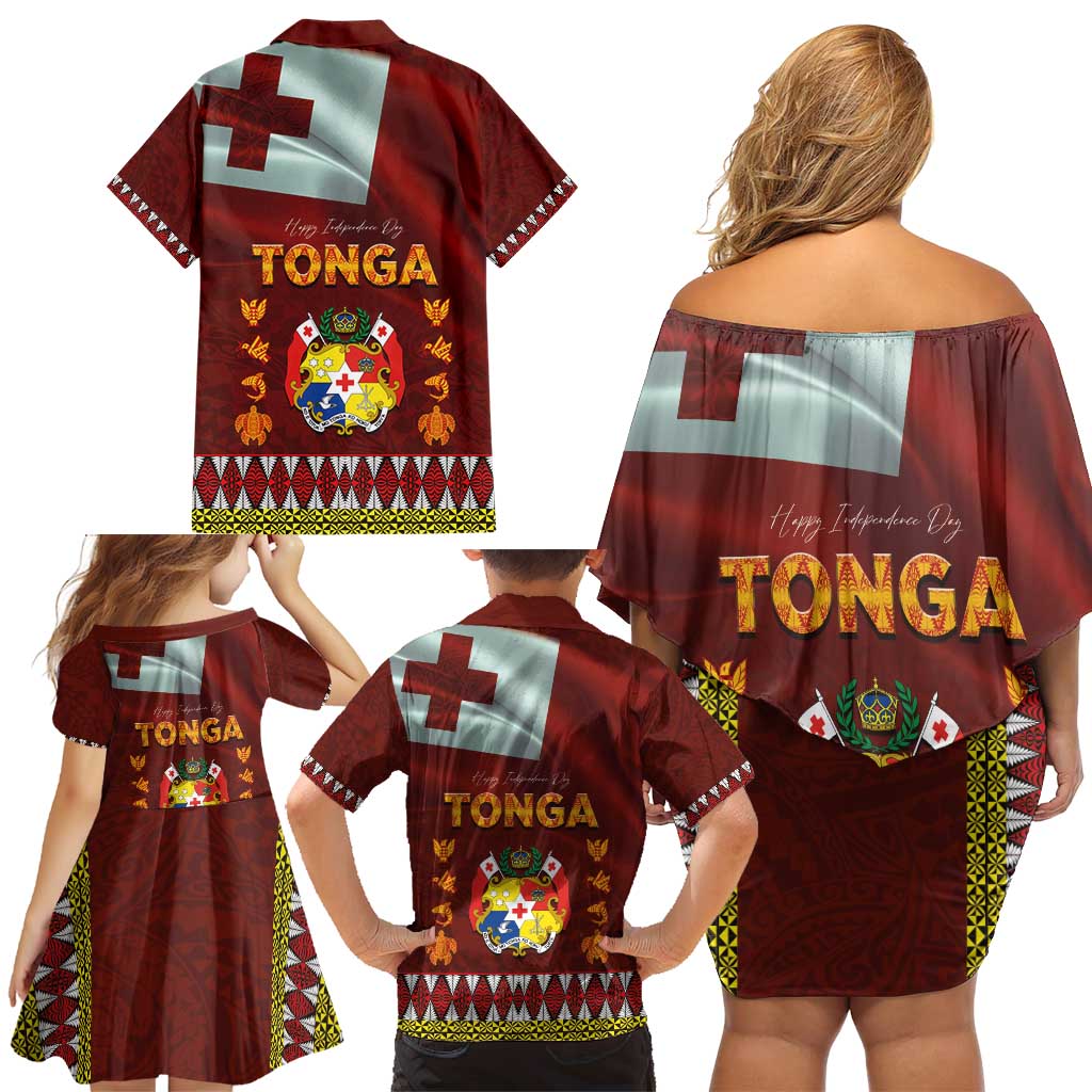 Tonga Independence Day Family Matching Off Shoulder Short Dress and Hawaiian Shirt National Flag and Emblem with Ngatu Art Pattern LT03 - Polynesian Pride