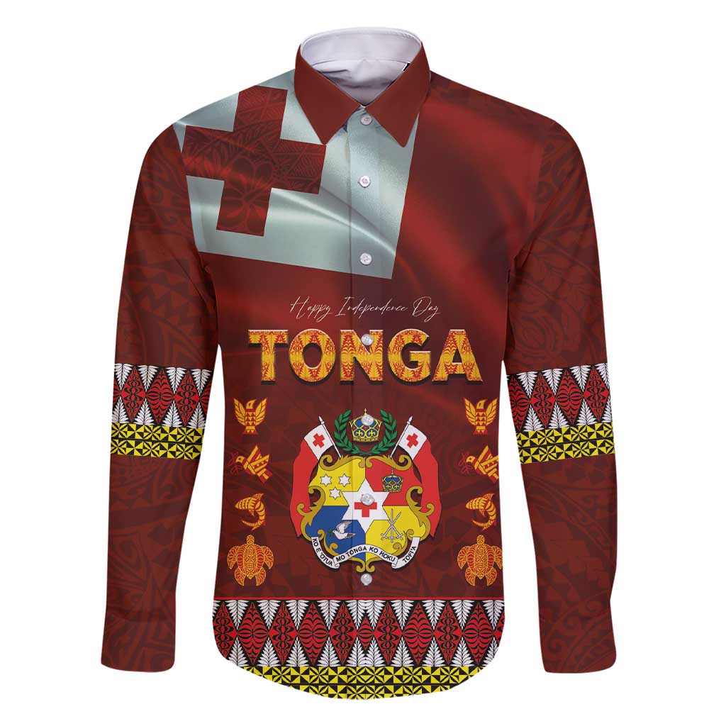 Tonga Independence Day Family Matching Short Sleeve Bodycon Dress and Hawaiian Shirt National Flag and Emblem with Ngatu Art Pattern LT03 Dad's Shirt - Long Sleeve Red - Polynesian Pride