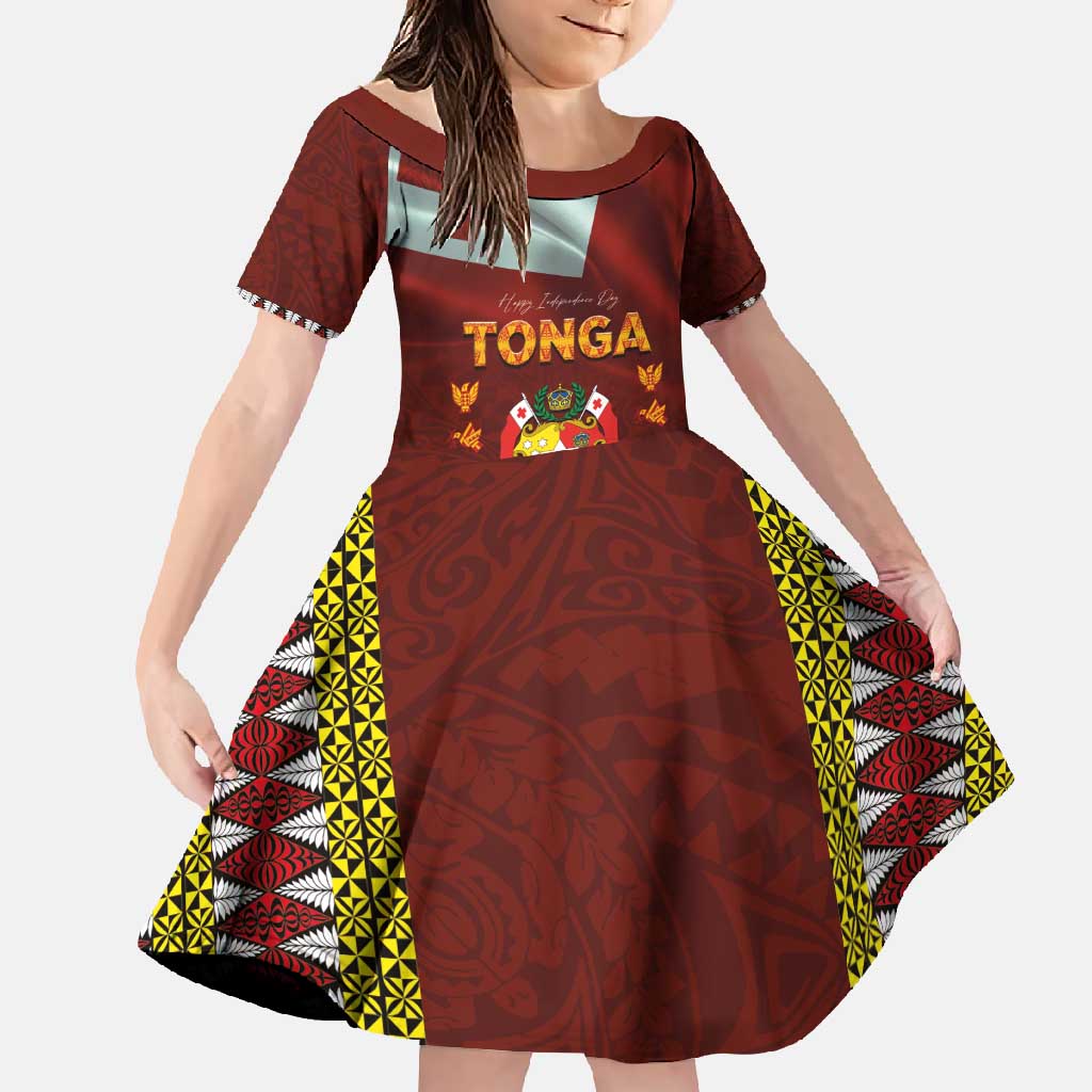Tonga Independence Day Family Matching Summer Maxi Dress and Hawaiian Shirt National Flag and Emblem with Ngatu Art Pattern LT03 Daughter's Dress Red - Polynesian Pride