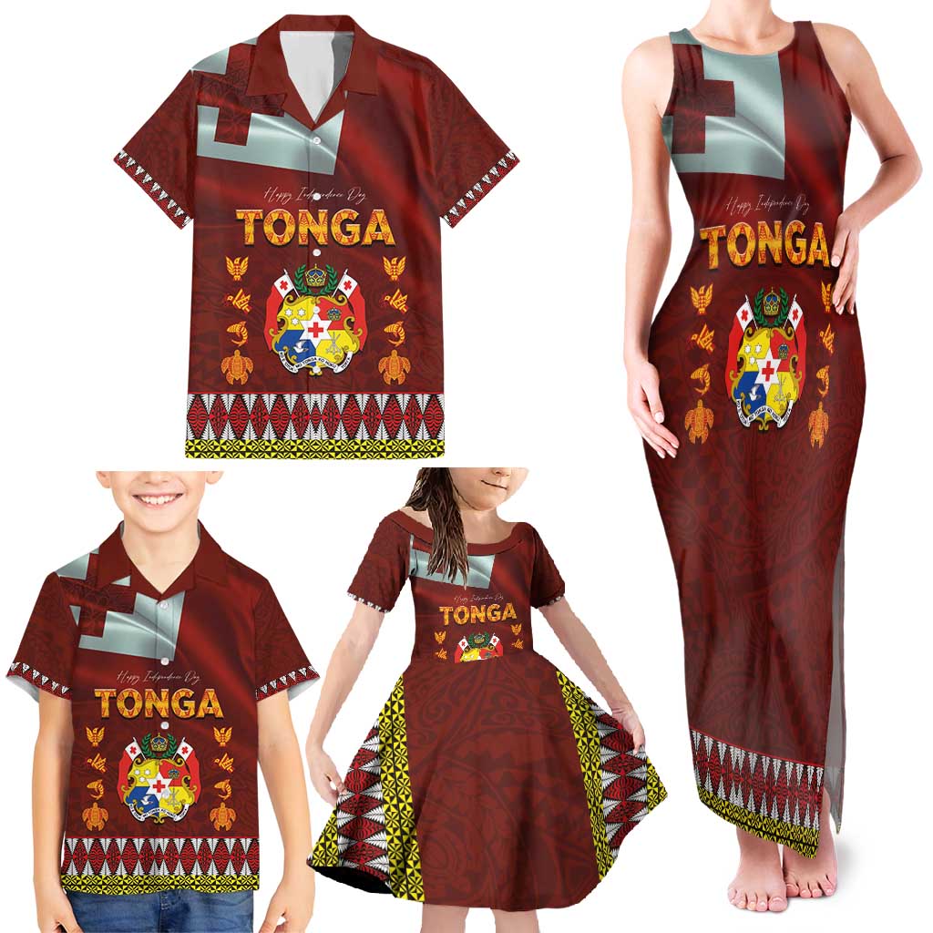 Tonga Independence Day Family Matching Tank Maxi Dress and Hawaiian Shirt National Flag and Emblem with Ngatu Art Pattern LT03 - Polynesian Pride