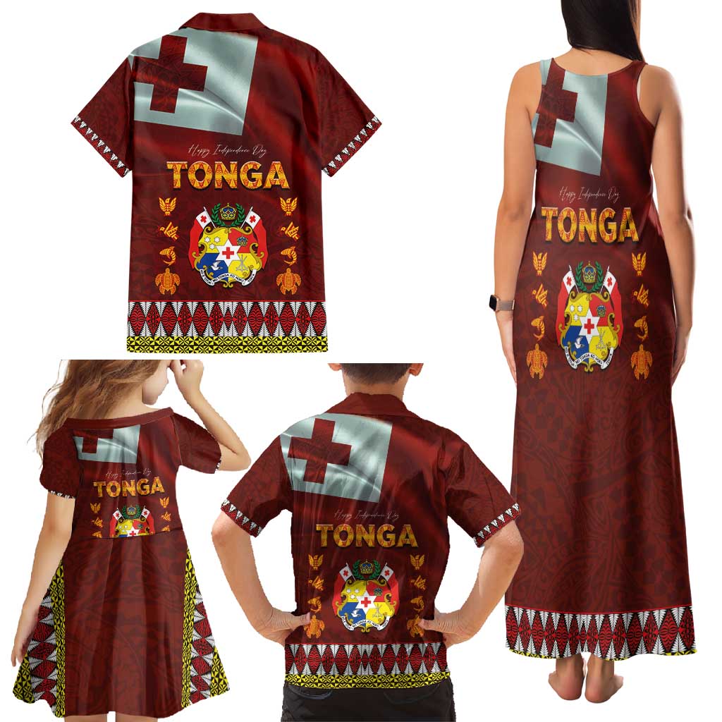 Tonga Independence Day Family Matching Tank Maxi Dress and Hawaiian Shirt National Flag and Emblem with Ngatu Art Pattern LT03 - Polynesian Pride