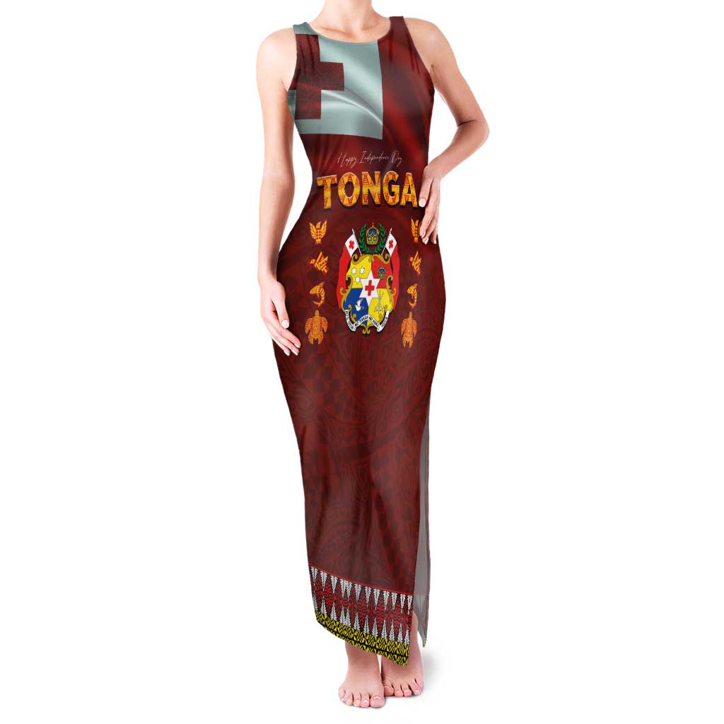 Tonga Independence Day Family Matching Tank Maxi Dress and Hawaiian Shirt National Flag and Emblem with Ngatu Art Pattern LT03 Mom's Dress Red - Polynesian Pride