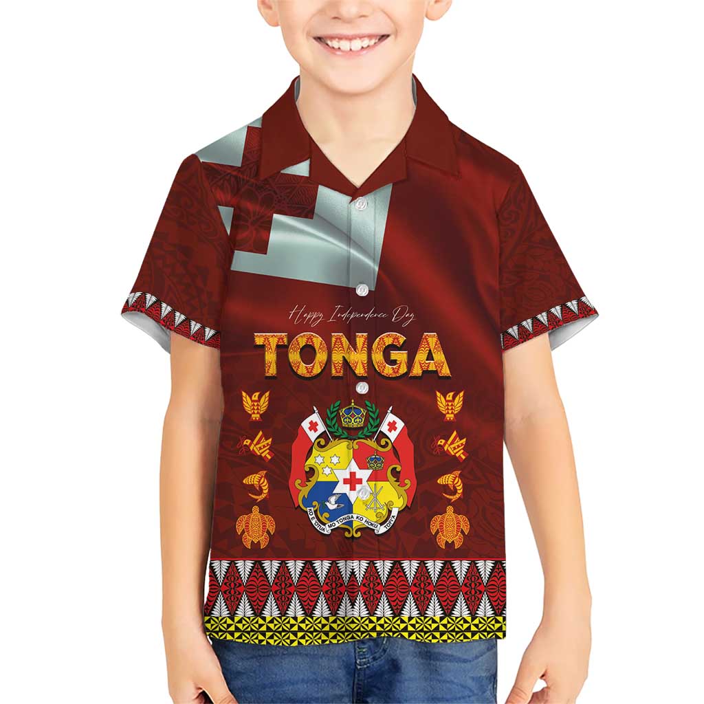 Tonga Independence Day Kid Hawaiian Shirt National Flag and Emblem with Ngatu Art Pattern LT03 Kid Red - Polynesian Pride