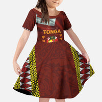 Tonga Independence Day Kid Short Sleeve Dress National Flag and Emblem with Ngatu Art Pattern