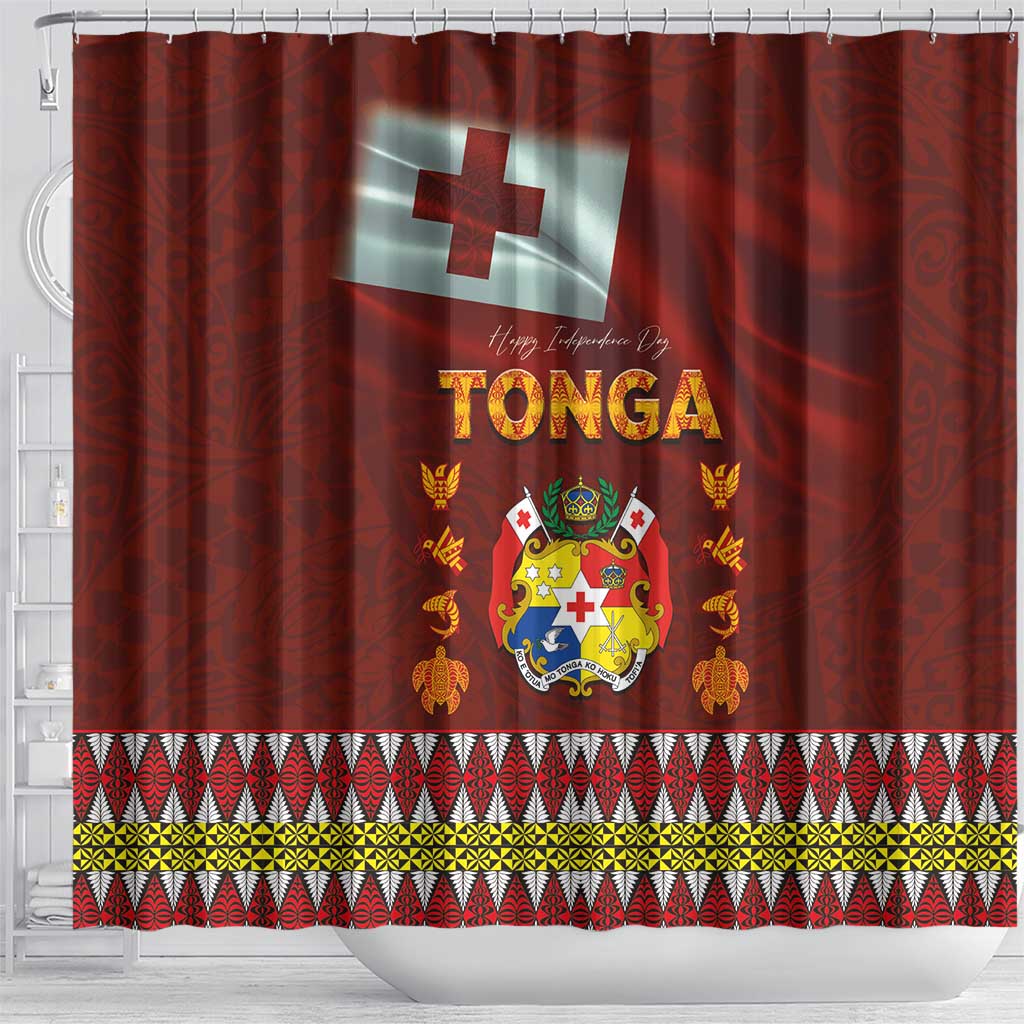 Tonga Independence Day Shower Curtain National Flag and Emblem with Ngatu Art Pattern LT03 - Polynesian Pride