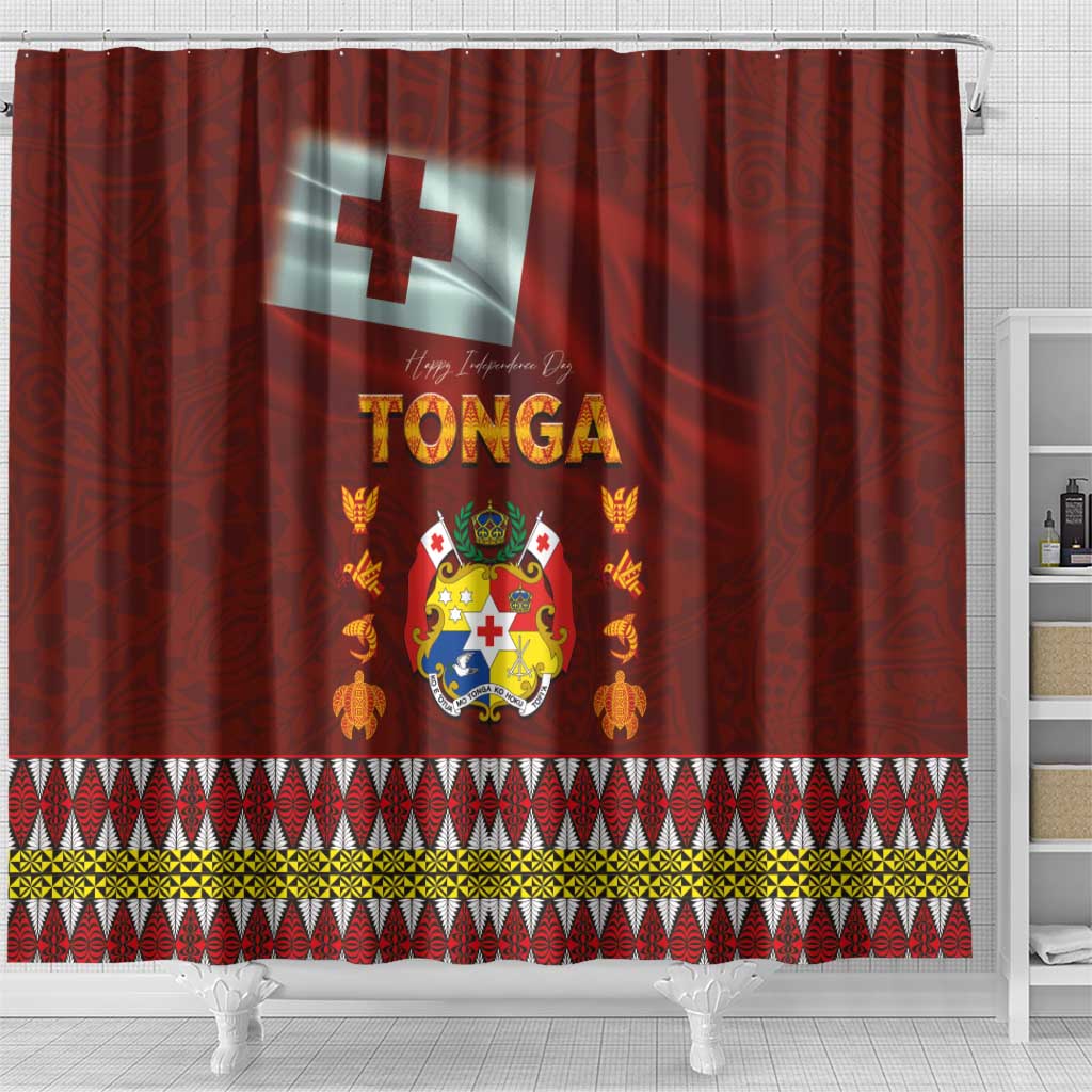 Tonga Independence Day Shower Curtain National Flag and Emblem with Ngatu Art Pattern LT03 - Polynesian Pride