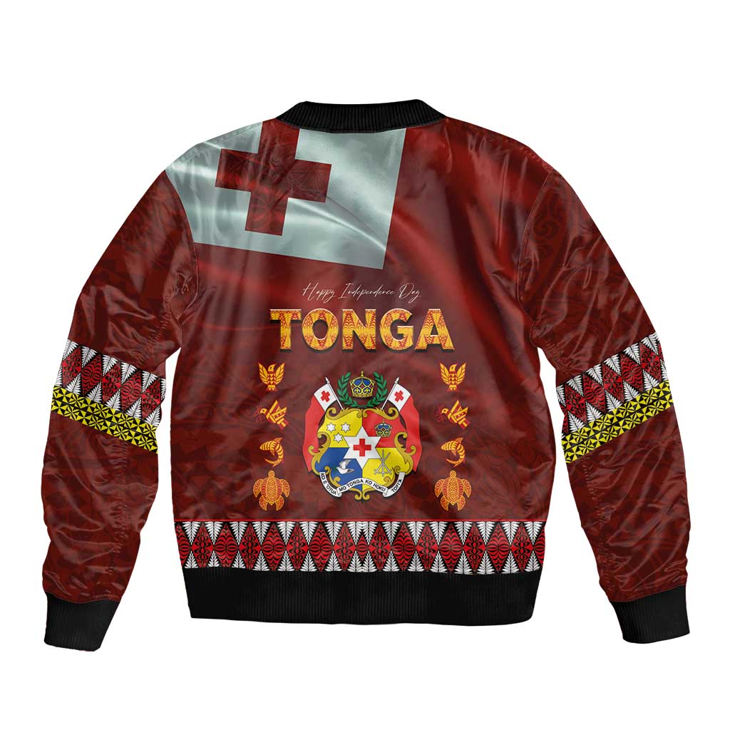 Tonga Independence Day Sleeve Zip Bomber Jacket National Flag and Emblem with Ngatu Art Pattern LT03 - Polynesian Pride