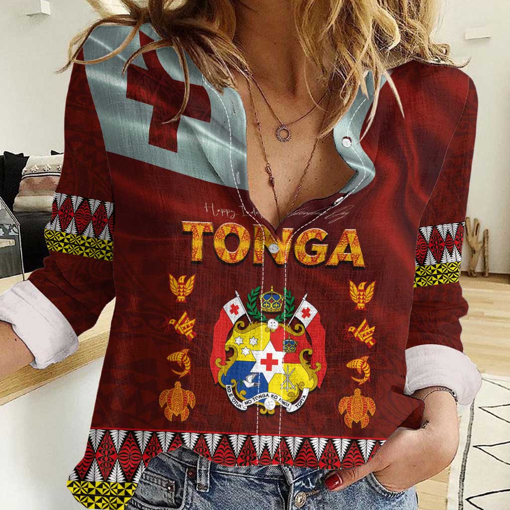 Tonga Independence Day Women Casual Shirt National Flag and Emblem with Ngatu Art Pattern LT03 Female Red - Polynesian Pride