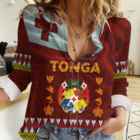 Tonga Independence Day Women Casual Shirt National Flag and Emblem with Ngatu Art Pattern LT03 Female Red - Polynesian Pride