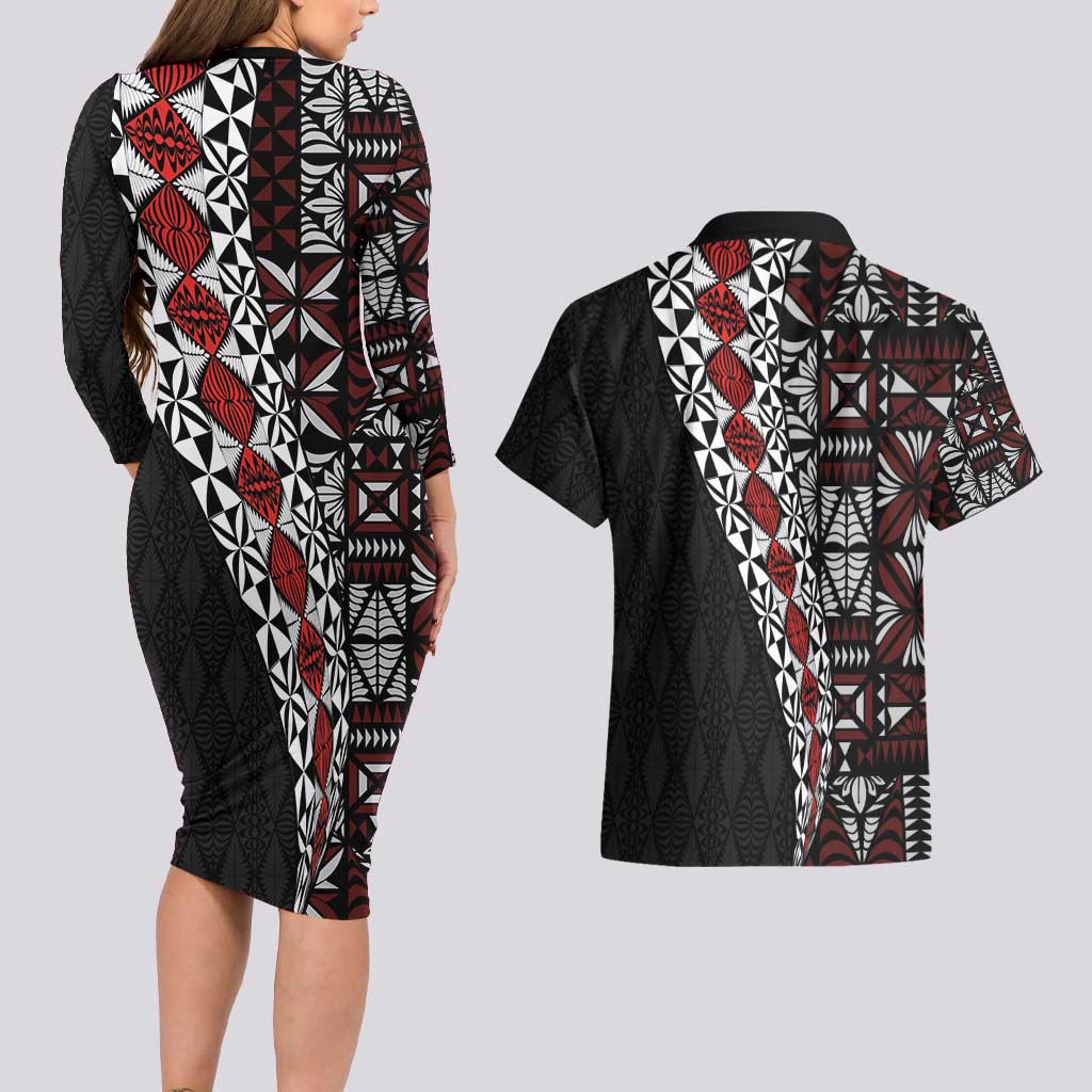 Tonga Ngatu Art Tattoo Polynesian Couples Matching Long Sleeve Bodycon Dress and Hawaiian Shirt LT03 - Polynesian Pride