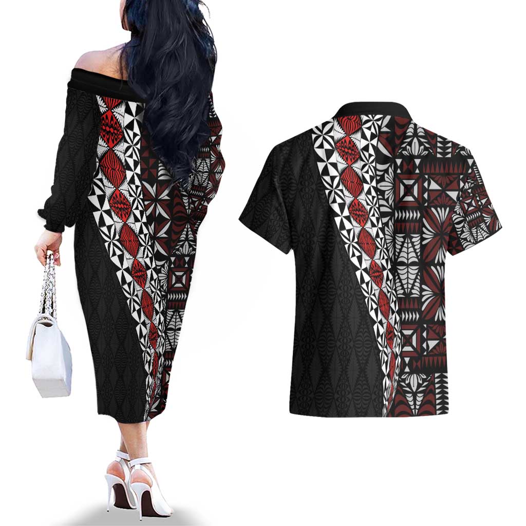 Tonga Ngatu Art Tattoo Polynesian Couples Matching Off The Shoulder Long Sleeve Dress and Hawaiian Shirt LT03 - Polynesian Pride