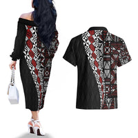 Tonga Ngatu Art Tattoo Polynesian Couples Matching Off The Shoulder Long Sleeve Dress and Hawaiian Shirt LT03 - Polynesian Pride